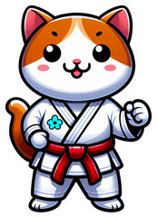 Sticker - Cute cartoon cat in a karate gi with red belt, ready to fight