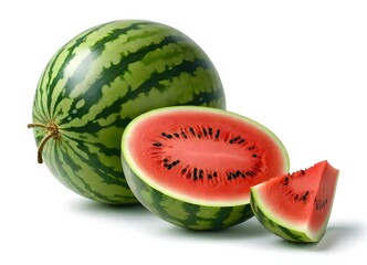 A whole green watermelon and a sliced piece of watermelon, revealing the bright red flesh and black seeds