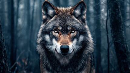 A wolf staring directly into the camera, with a background of deep, dense forest.