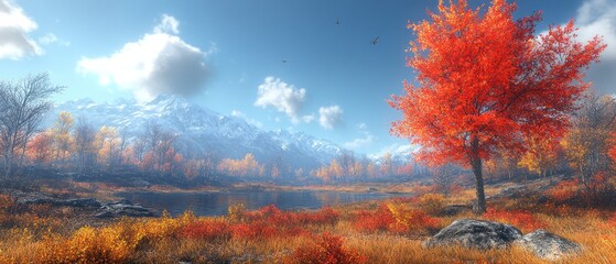 Wall Mural - Autumnal Landscape with Red Tree, Lake, and Snowy Mountains