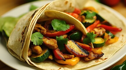 Wall Mural - Plate of Seitan Fajitas with Grilled Veggies, Showcasing a Delicious and Flavorful Vegan Dish Ideal for Culinary Presentations and Food Photography