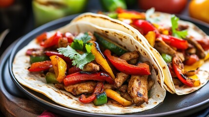 Wall Mural - Plate of Seitan Fajitas with Grilled Veggies, Showcasing a Delicious and Flavorful Vegan Dish Ideal for Culinary Presentations and Food Photography