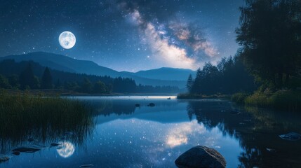 The Moon and stars reflected in a quiet river, with the Milky Way faintly visible above.