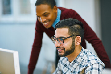 Aufkleber - Students, education and computer lab in university with assignment, project and deadline in IT course. People, technology and scholarship in college with desktop, internet and software for research