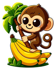 Poster - Cute Cartoon Monkey Holding a Palm Tree and Sitting on a Bunch of Bananas