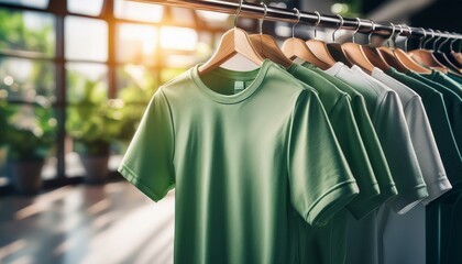 Sage t-shirts on hangers in a store with space for branding and logos, on blurred indoor background, concept of mockup. Generative AI