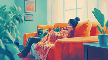 Wall Mural - Cozy afternoon at home with a woman relaxing on a bright orange couch while wrapped in a blanket and enjoying a warm beverage