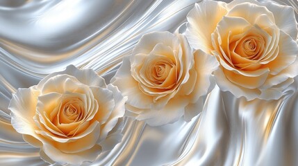 Beautiful golden roses arranged in a circular decorative pattern, with a dynamic silver-white swirling background for an elegant look