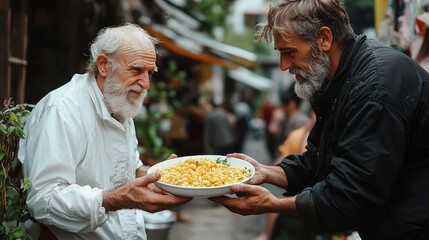 Wall Mural - hands compassionately offers a plate of nourishing food, symbolizing kindness, support, and generosity. The image conveys care, community, and the spirit of volunteerism