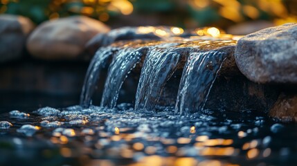 A macro of a beautiful tropical water waterfall in a tranquil environment. A waterfall with calm waters that exudes peace and serenity.