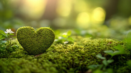 Wall Mural - wooden heart rests on a lush mossy forest floor, symbolizing the connection between nature and human emotions, emphasizing harmony, love, and tranquility in a serene natural environment