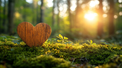 Sticker - wooden heart rests on a lush mossy forest floor, symbolizing the connection between nature and human emotions, emphasizing harmony, love, and tranquility in a serene natural environment