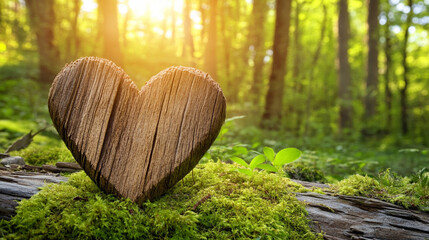 Wall Mural - wooden heart rests on a lush mossy forest floor, symbolizing the connection between nature and human emotions, emphasizing harmony, love, and tranquility in a serene natural environment