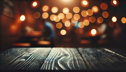 A dimly lit wooden table in the foreground with a soft focus background of a cozy café setting. 