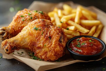 Wall Mural - Crispy Fried Chicken Legs with French Fries and Spicy Sauce