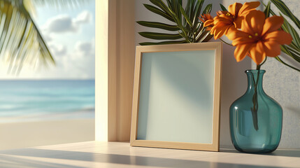 Blank frame standing on table with flower vase in front of beach view