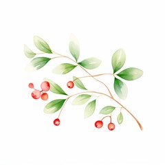 Wall Mural - A delicate watercolor illustration of a branch with green leaves and red berries, perfect for nature-themed designs.
