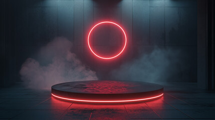 Poster - Empty round stage with red neon lights and smoke in dark room