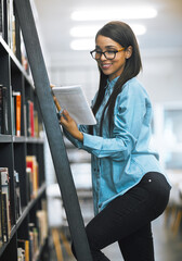 Aufkleber - Woman, college student and happy on bookshelf with ladder for text book and research with notebook. Female person, university learner and smile at library for education, literature and knowledge