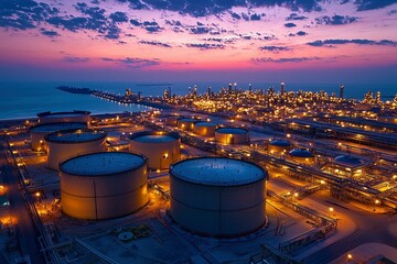 Wall Mural - Aerial View of an Illuminated Oil Refinery at Sunset