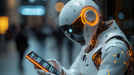 Poster - White and orange futuristic robot using smartphone in public transport