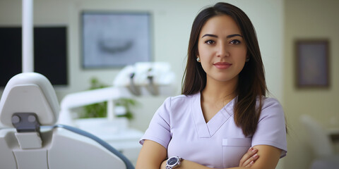 Young female dentist posing with arms crossed in her office