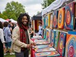 © Derek Brumby - An artist with dreadlocks proudly displays his vibrant, abstract paintings at an outdoor market, engaging with potential buyers and sharing his passion for art and creativity.