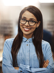 Poster - Portrait, arms crossed and woman with smile, education and confident for learning, studying and proud in college. Knowledge, glasses and person in university, student and scholarship for academy