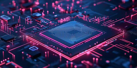 Poster - Modern cpu processing data with blue and pink lights