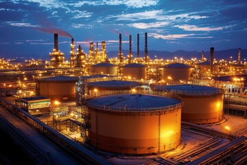 Wall Mural - Industrial Refinery Complex at Night with Large Storage Tanks