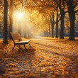 © GenBy - A serene autumn scene featuring a bench surrounded by golden leaves, illuminated by soft sunlight filtering through trees.