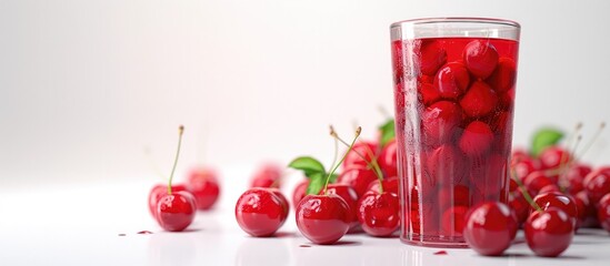 Closeup of a refreshing glass of freshly squeezed cherry juice surrounded by ripe juicy cherries on a wooden table  The vibrant red color and transparent glass create an appetizing healthy