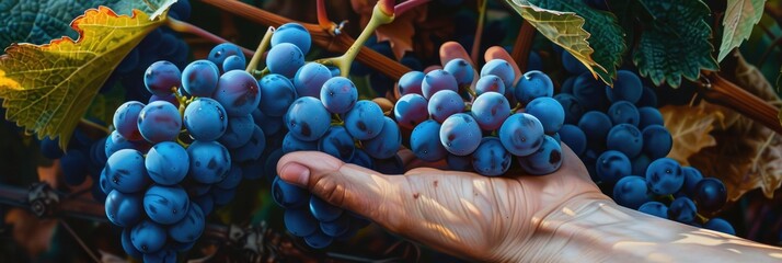 Wall Mural - Appreciation for Large Blue Grape Cluster with Hand Gesture for Size Comparison in Vineyard