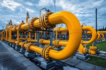 large yellow pipes and industrial equipment at a gas processing facility