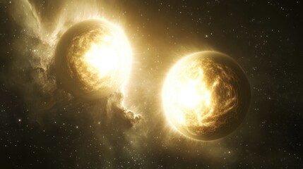 Wall Mural - a binary star system, with two suns orbiting each other in a distant galaxy, casting light across ne