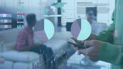 Poster - Animation of financial data processing over caucasian businessman using smartphone