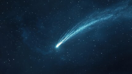 Wall Mural - a bright comet streaking across the dark sky, its tail glowing as it passes by distant stars.