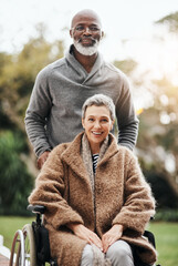 Canvas Print - Elderly woman, wheelchair and husband for portrait, love or help with empathy for retirement. Senior lady, interracial couple and person with disability for park walk with comfort in rehabilitation