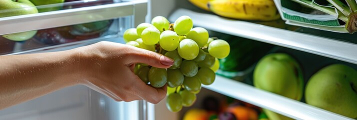 Poster - Woman's hand choosing a fresh green bunch of grapes from a refrigerator filled with assorted fruits, vegetables, bananas, peaches, and yogurt, highlighting a healthy diet and lifestyle.