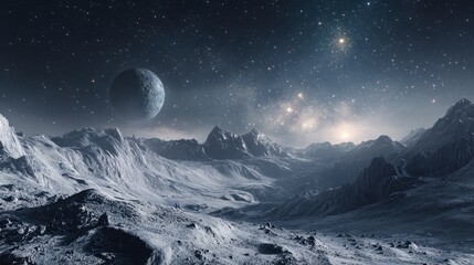 A detailed close-up of a planet's surface, showing mountains, valleys, and alien landscapes beneath a starry sky.