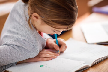 Sticker - Notebook, writing and girl in kids class with math test for growth, child development and pencil for education. Study, learning and students with notes for knowledge, exam and problem solving at desk