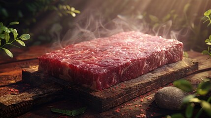 Wall Mural - Juicy and flavorful grilled ribeye steak with a perfect sear highlighted by a blend of fragrant herbs and spices artfully arranged on a rustic wooden cutting board for a gourmet culinary display