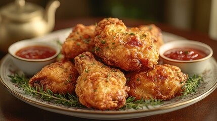 Canvas Print - Crispy Fried Chicken with Spicy Sauce