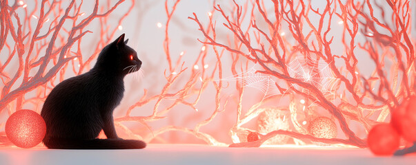 A mystical black cat sits amidst vibrant glowing coral, creating an enchanting and surreal atmosphere.