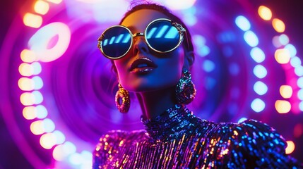 A stylish model in vibrant sunglasses and sequined attire against neon lights.