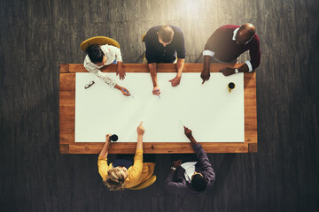 Poster - Business people, hands and planning mockup above in meeting for team collaboration at office. Creative group discussion, teamwork and strategy for brainstorming, diversity and startup at workplace