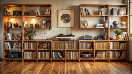 A home music room featuring wooden shelves stocked with a collection of vinyl records and antique record players