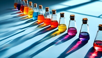 Vibrant vials of liquids lined up on light blue surface, creating elongated shadows, symbolizing scientific research and innovation