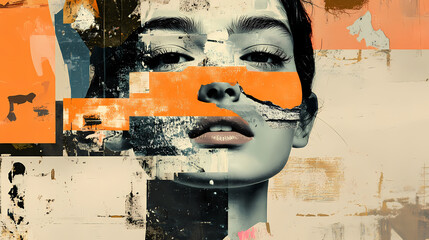 Wall Mural - Abstract art portrait of young woman, girl face in vintage collage style, generative ai. Collage. Illustration
