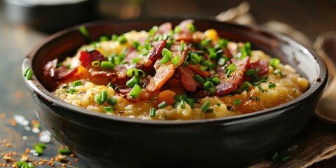 Wall Mural - Legume Porridge with Crispy Bacon and Fresh Chives